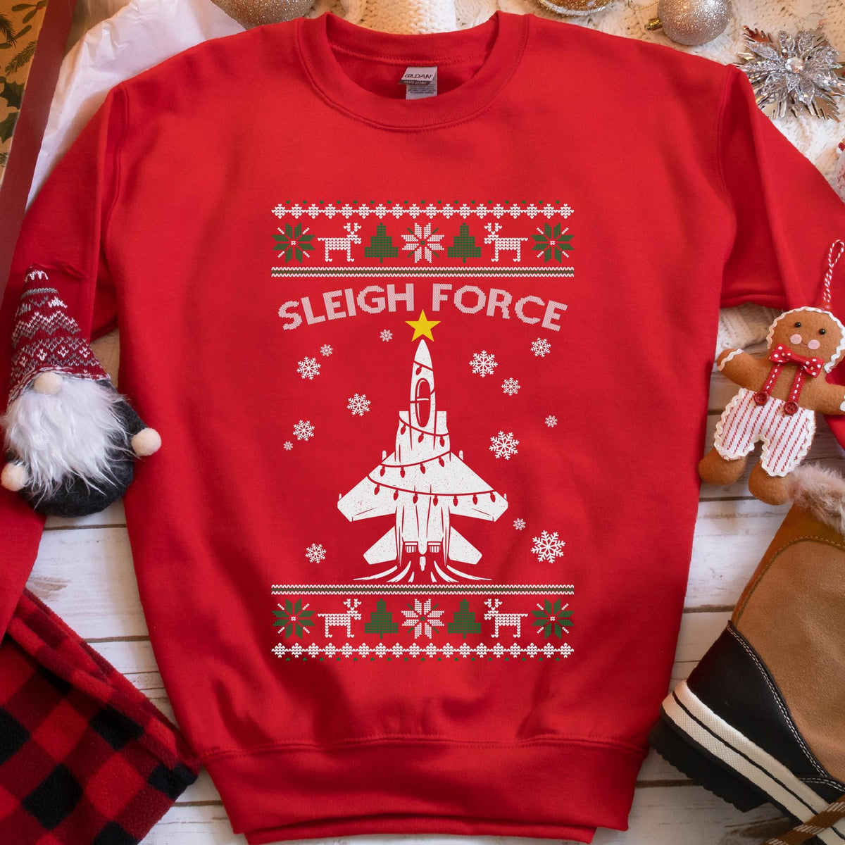 Sleigh Force Fighter Jet Christmas Sweatshirt - Red