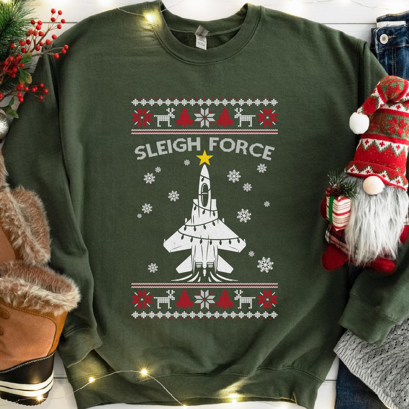 Sleigh Force Fighter Jet Christmas Sweatshirt - Military Green