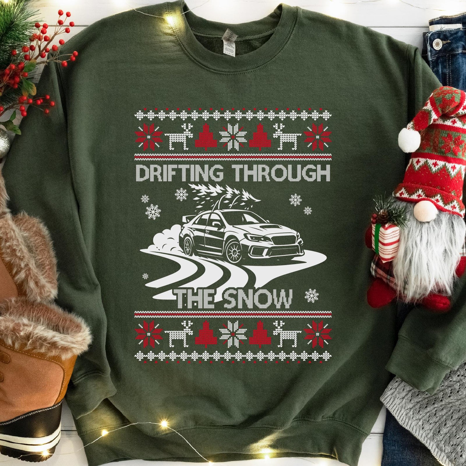 Drift Car Ugly Christmas Sweatshirt | Drifting Through the Snow Car Enthusiast Gift