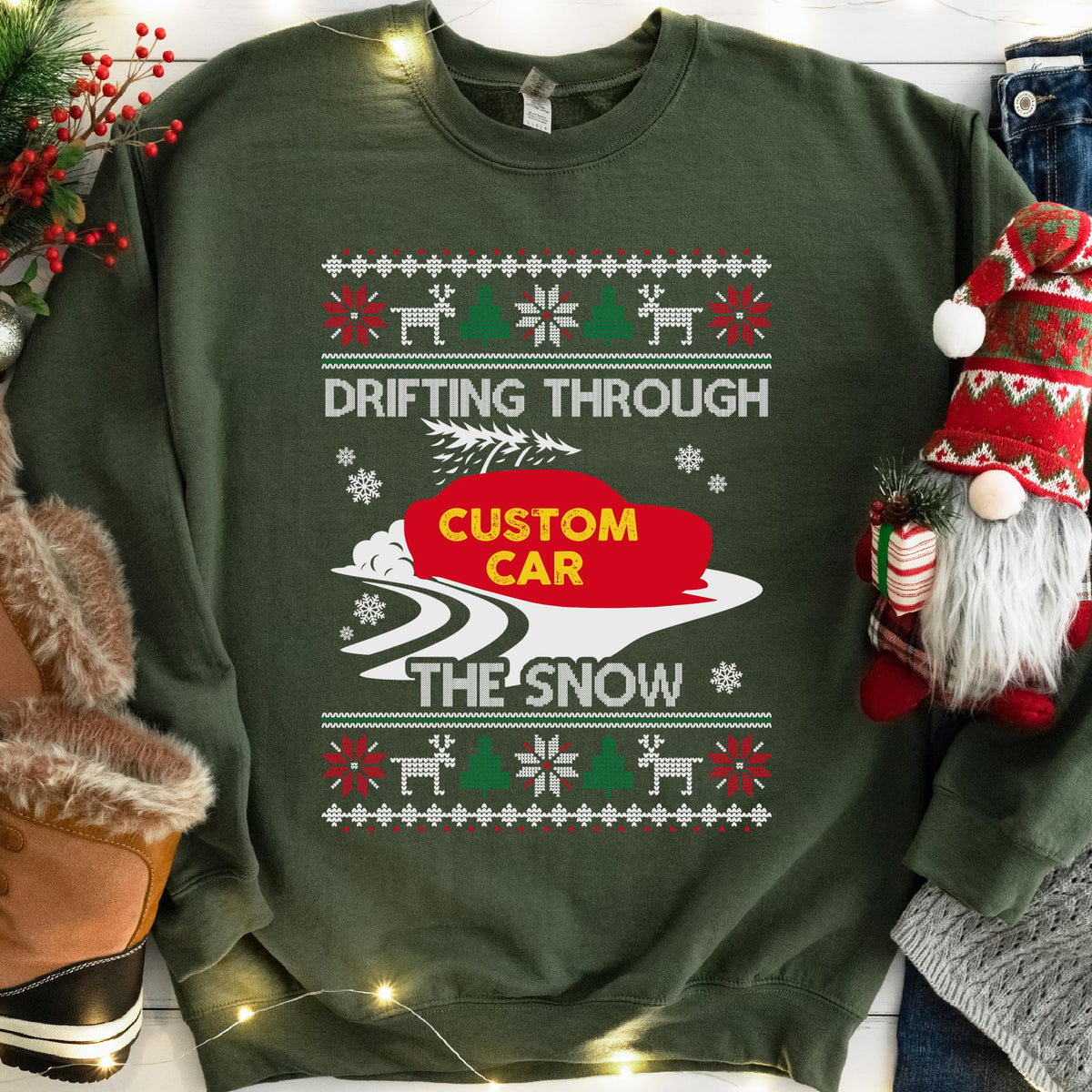 Drift Car Ugly Christmas Sweatshirt | Drifting Through the Snow Car Enthusiast Gift