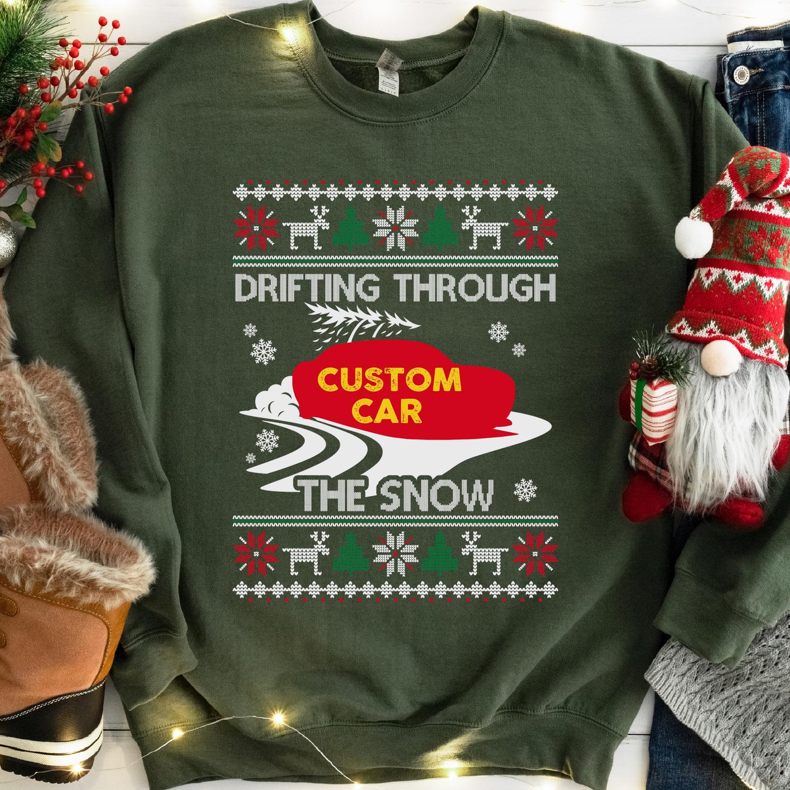 Drift Car Ugly Christmas Sweatshirt | Drifting Through the Snow Car Enthusiast Gift