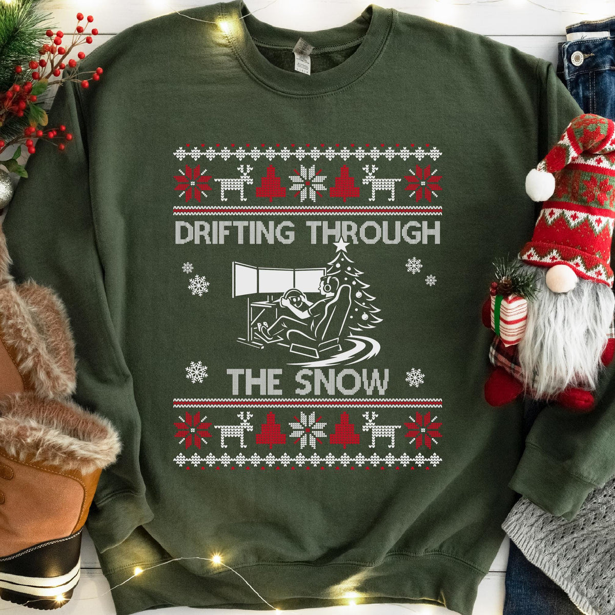 Drifting Through the Snow Sim Racing Christmas Sweatshirt - Military Green
