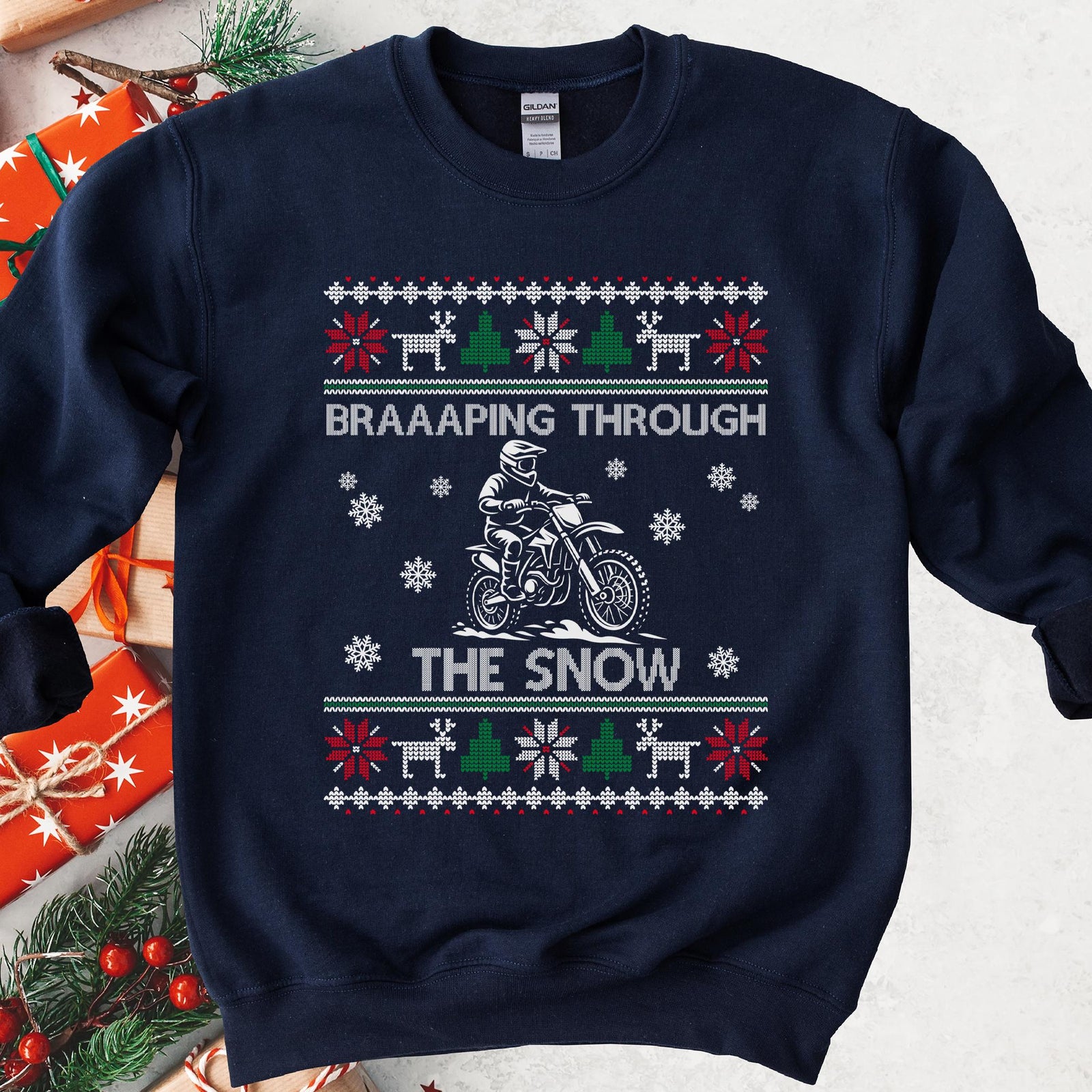 Braaaping Through the Snow Dirt Bike Christmas Sweatshirt - Navy