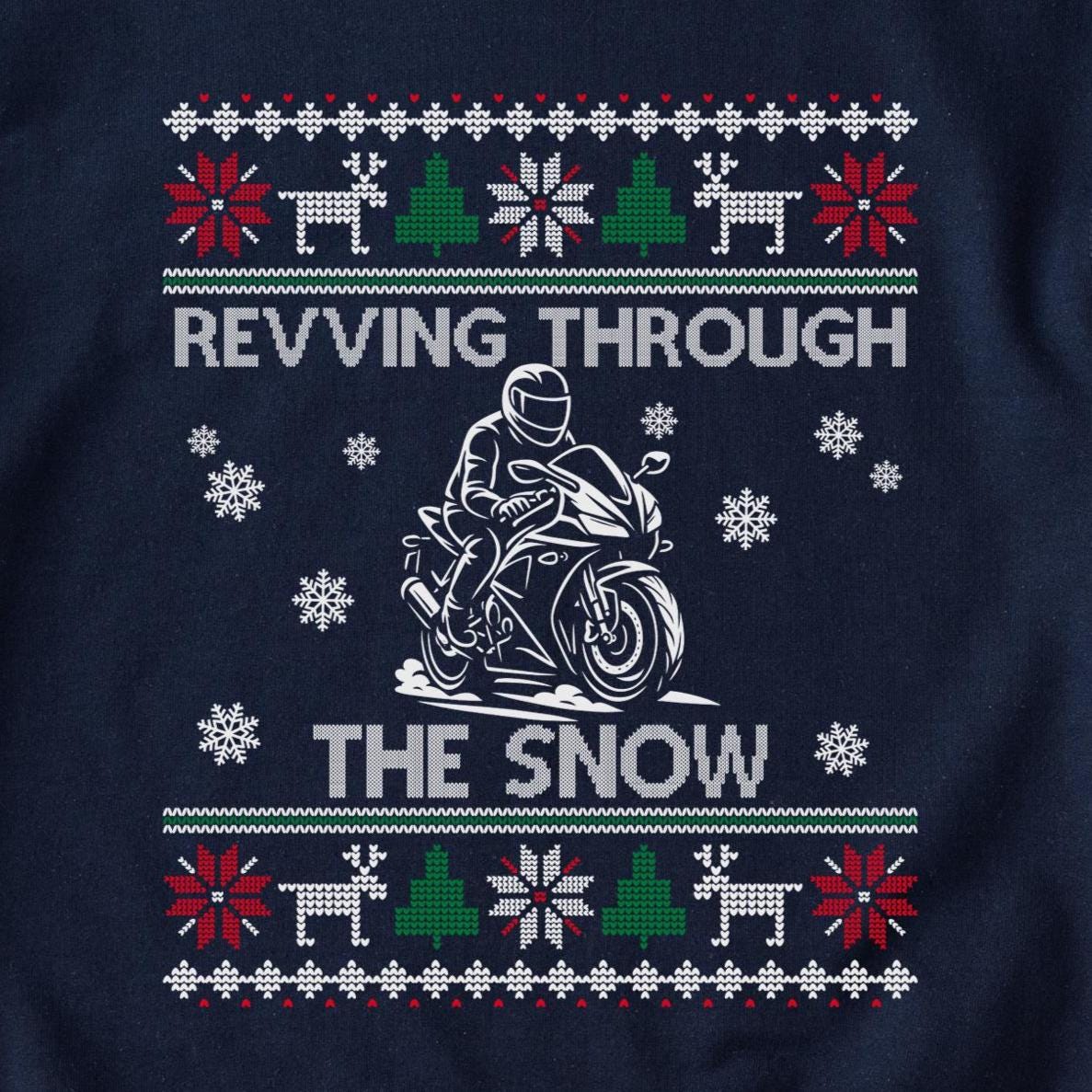 Revving Through the Snow Sportbike Christmas Sweatshirt design close-up