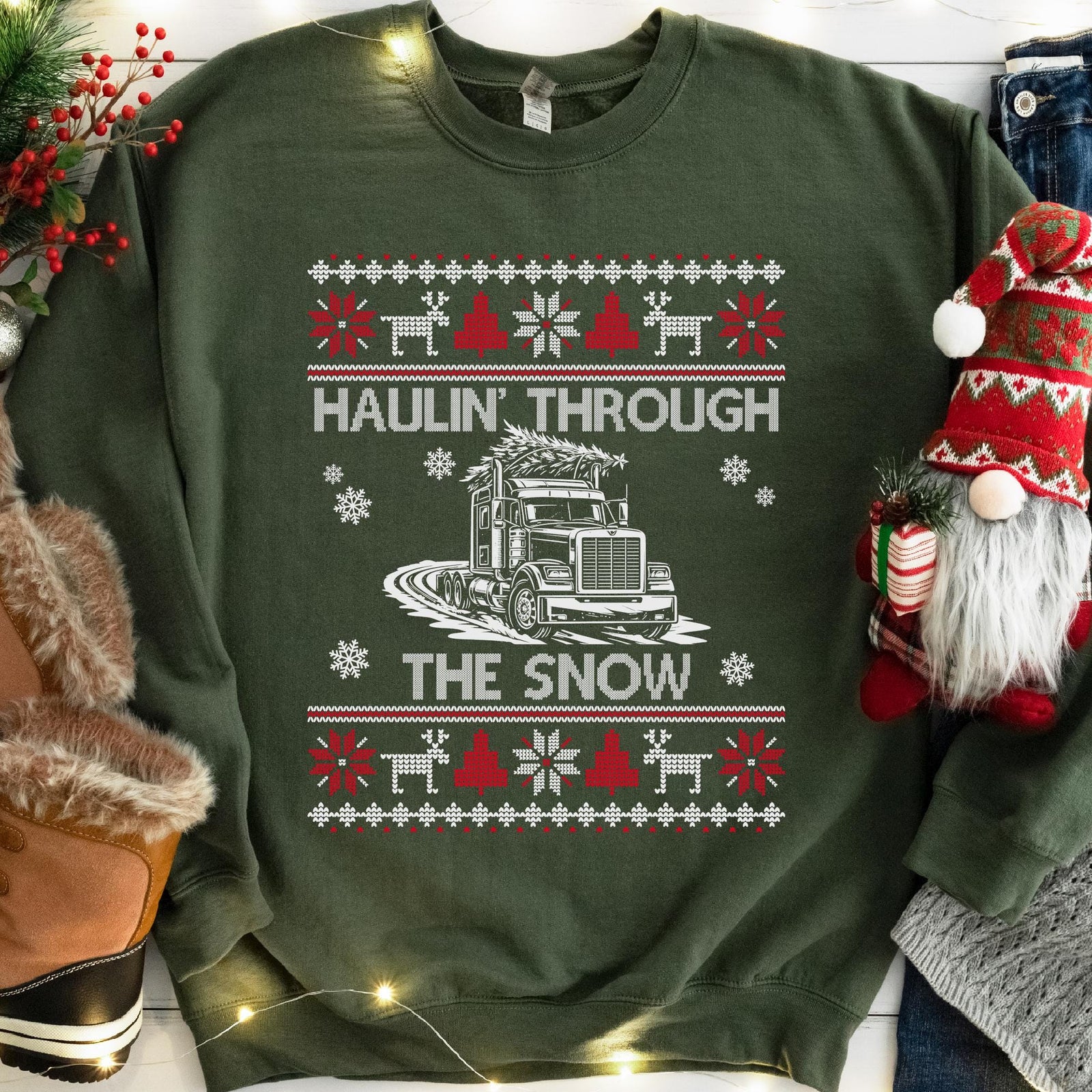 Haulin' Through the Snow Big Rig Christmas Sweatshirt - Military Green