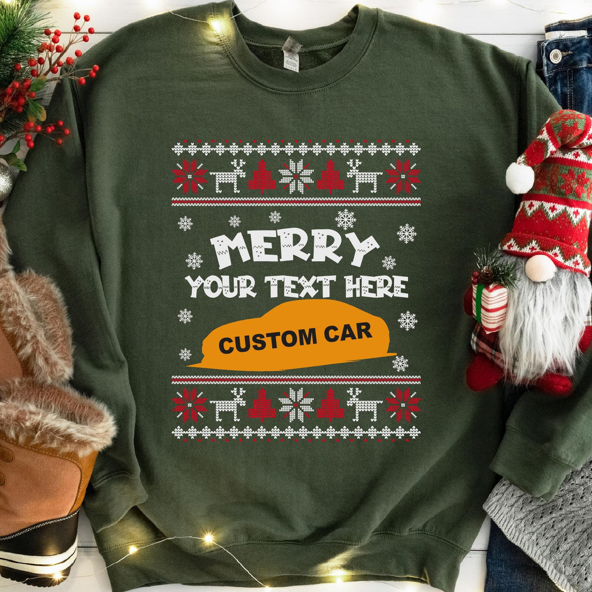 Custom Car Christmas Sweatshirt - Military Green