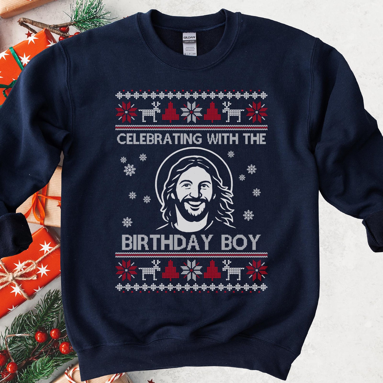 Celebrating With The Birthday Boy Christmas Sweatshirt - Navy