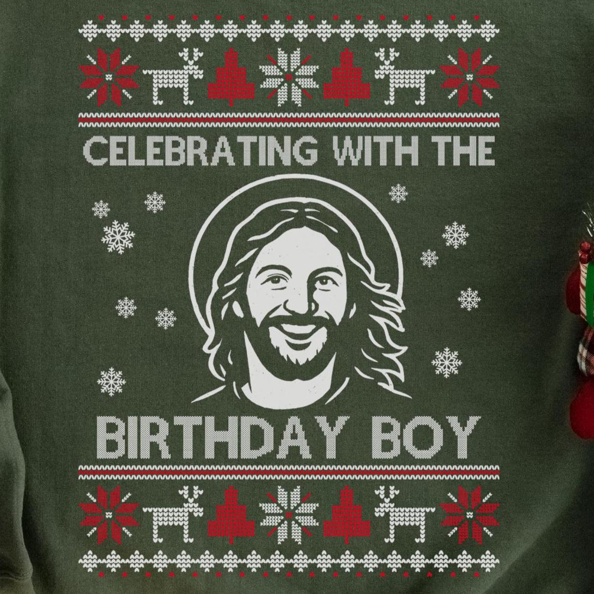 Celebrating With The Birthday Boy Christmas Sweatshirt design close-up