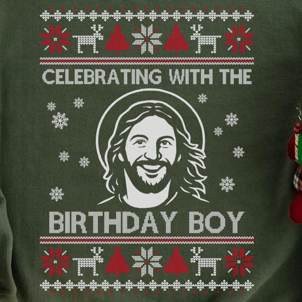 Celebrating With The Birthday Boy Christmas Sweatshirt design close-up