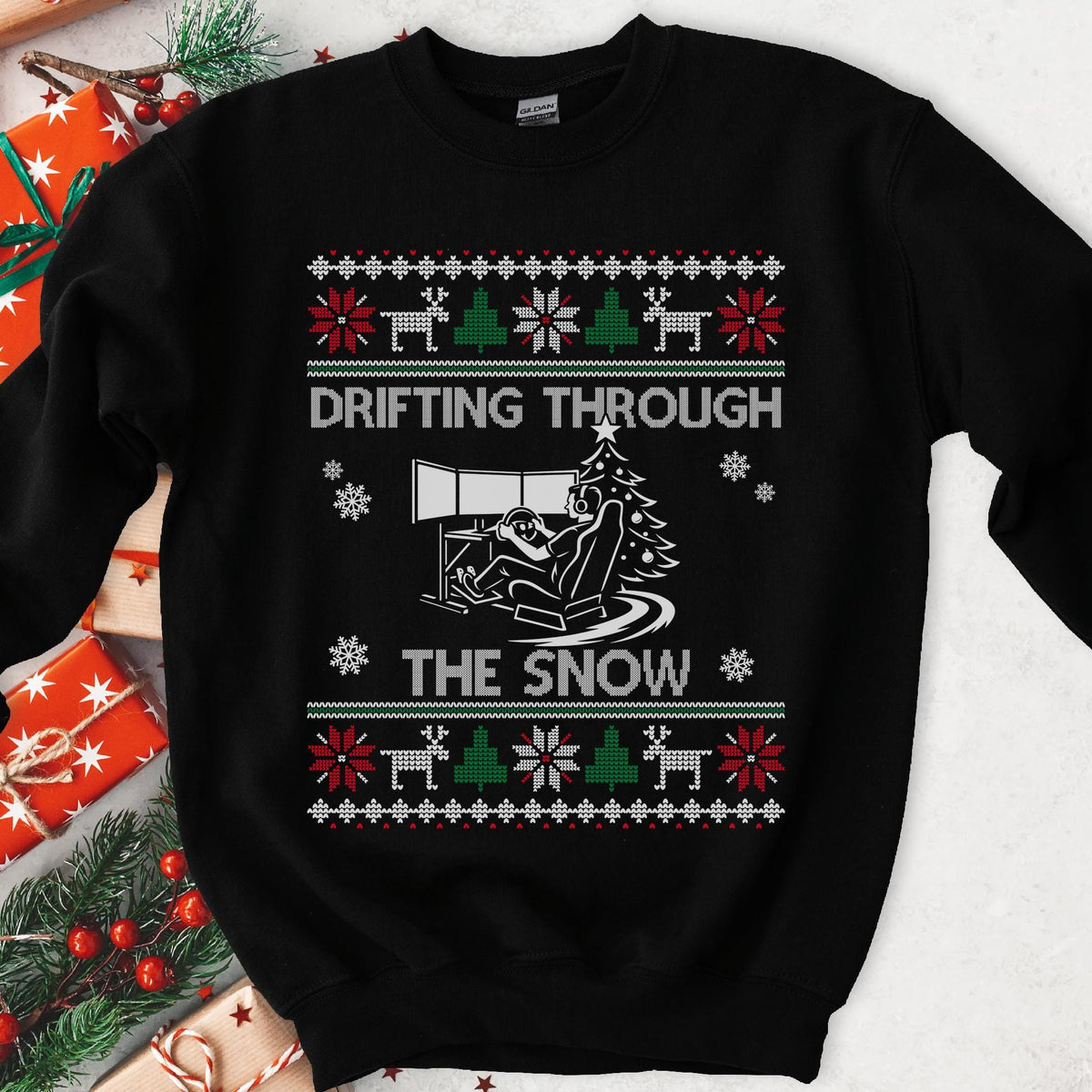 Dark Christmas sweatshirt with a sim racer at a triple-screen rig, DRIFTING THROUGH THE SNOW, knit borders