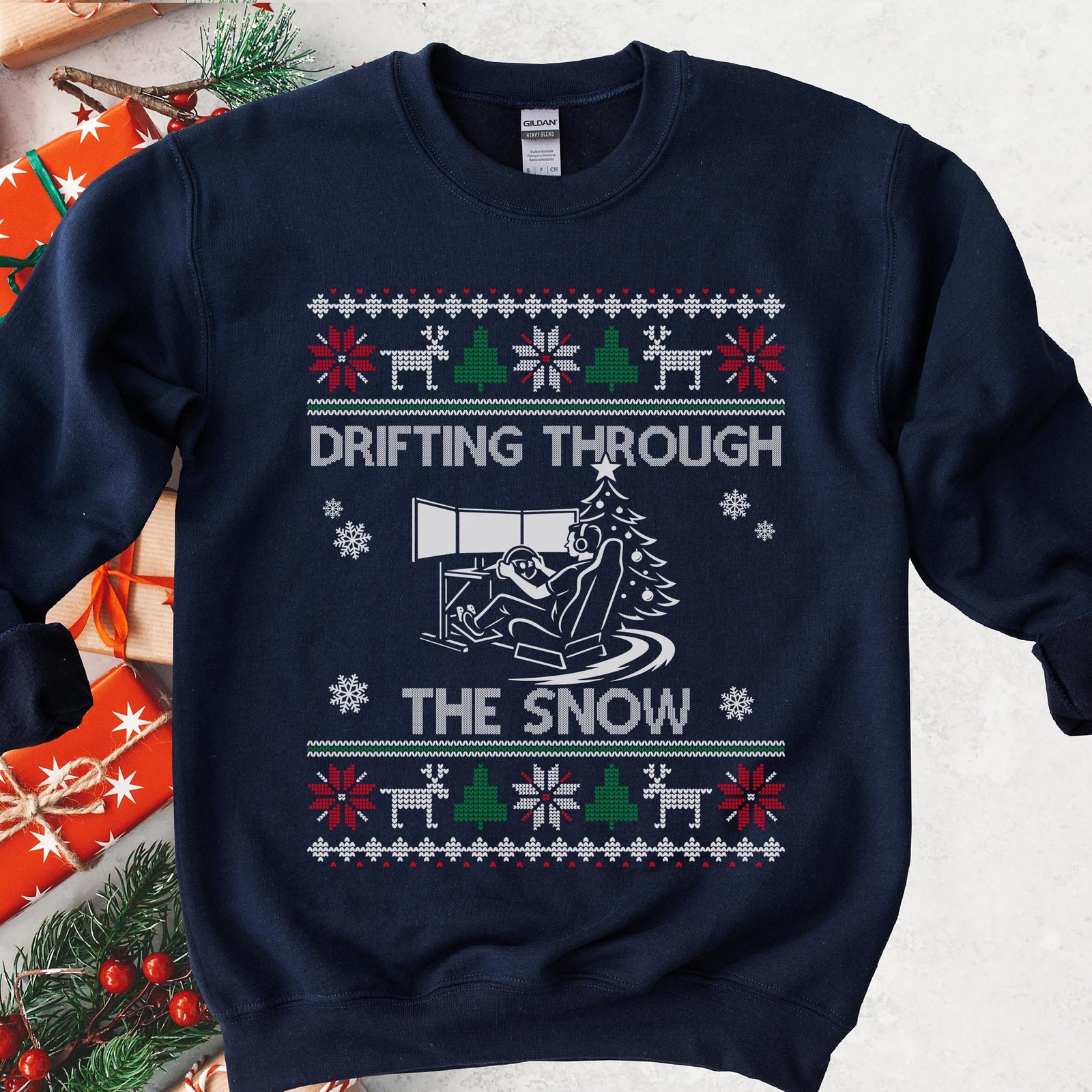 Drifting Through the Snow Sim Racing Christmas Sweatshirt - Navy