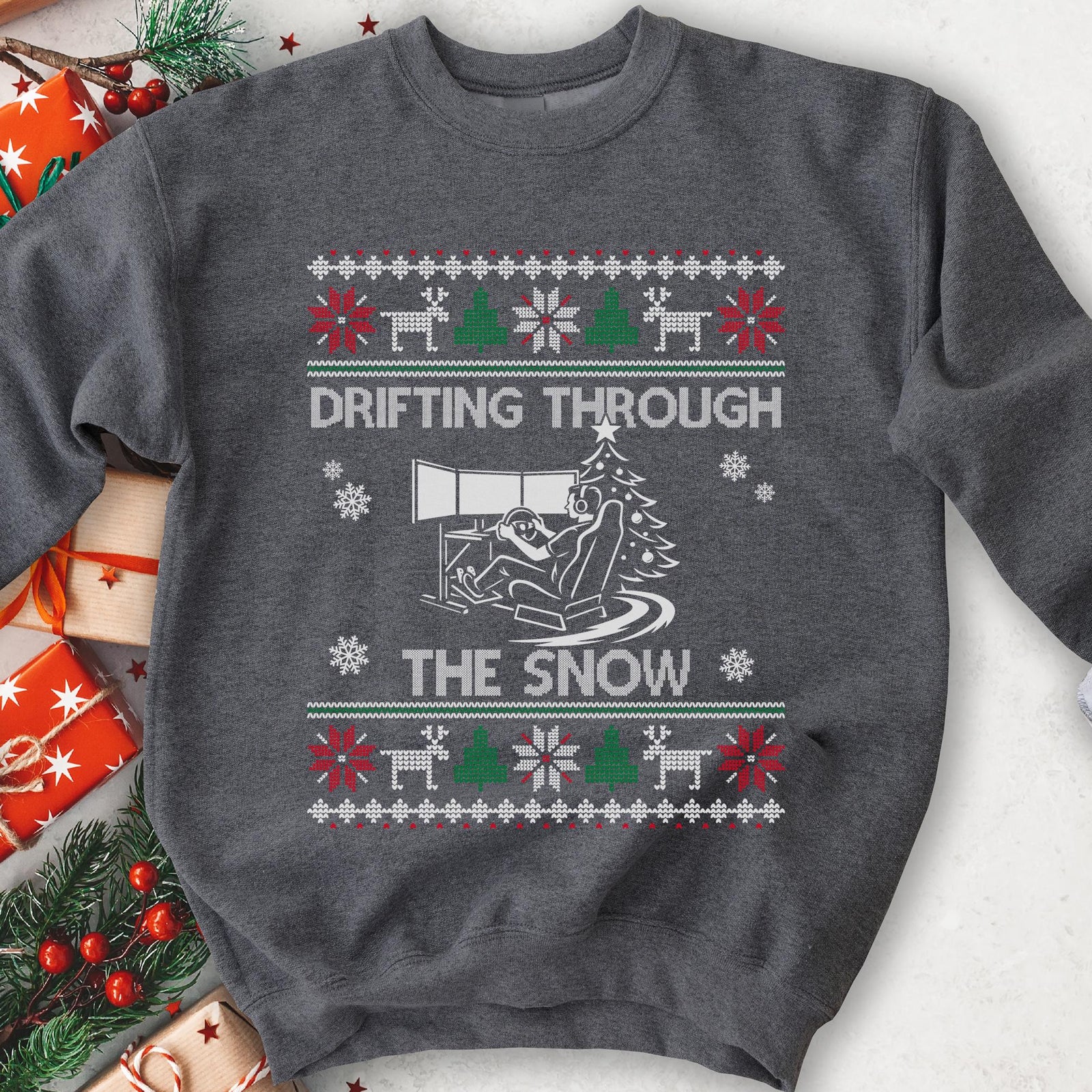 Drifting Through the Snow Sim Racing Christmas Sweatshirt - Charcoal