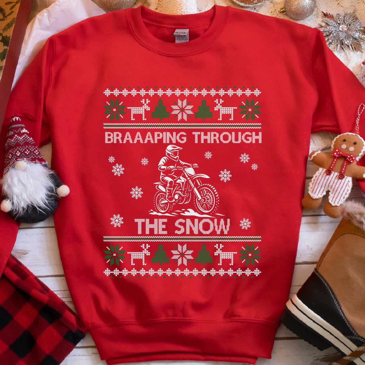 Braaaping Through the Snow Dirt Bike Christmas Sweatshirt - Red
