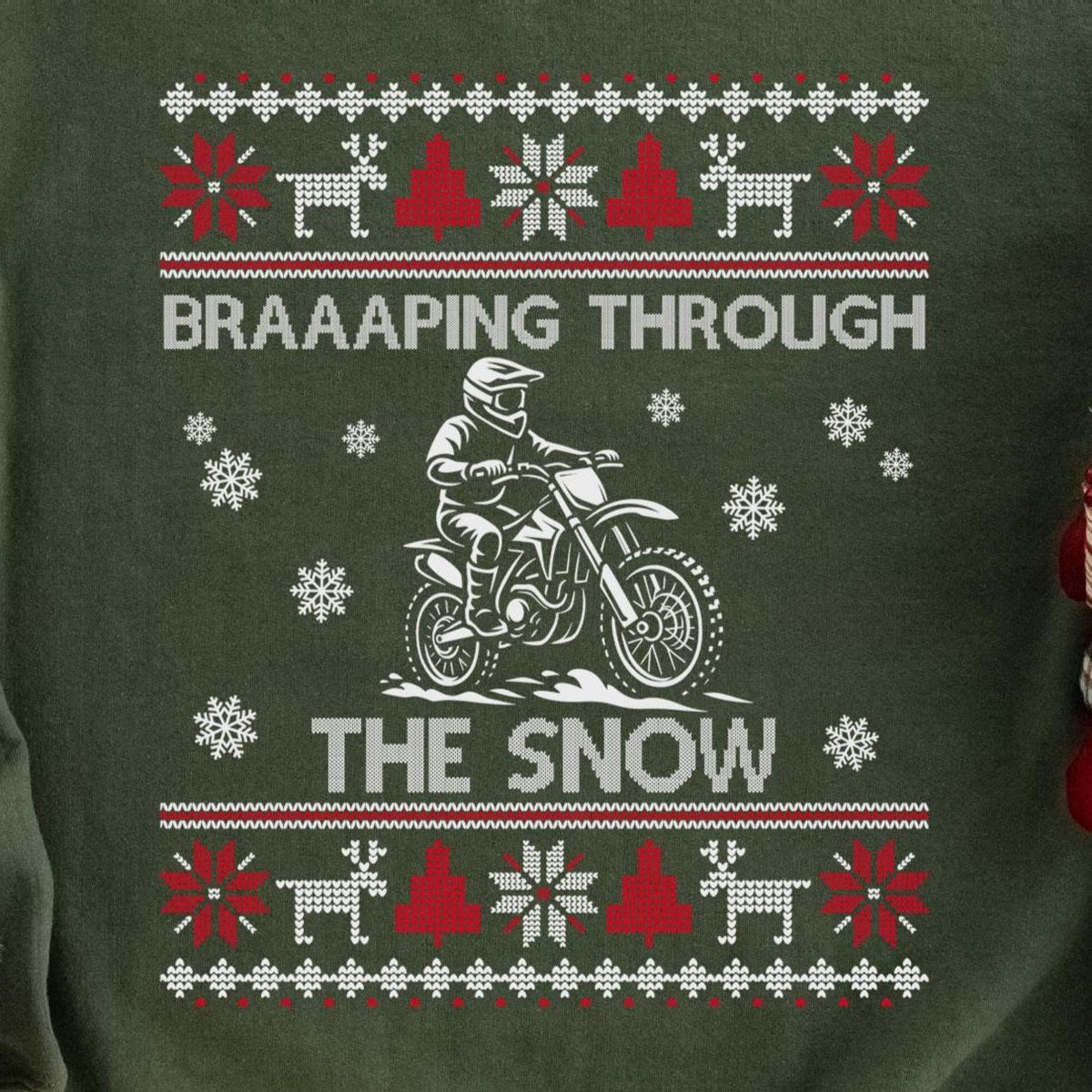 Braaaping Through the Snow Dirt Bike Christmas Sweatshirt design close-up
