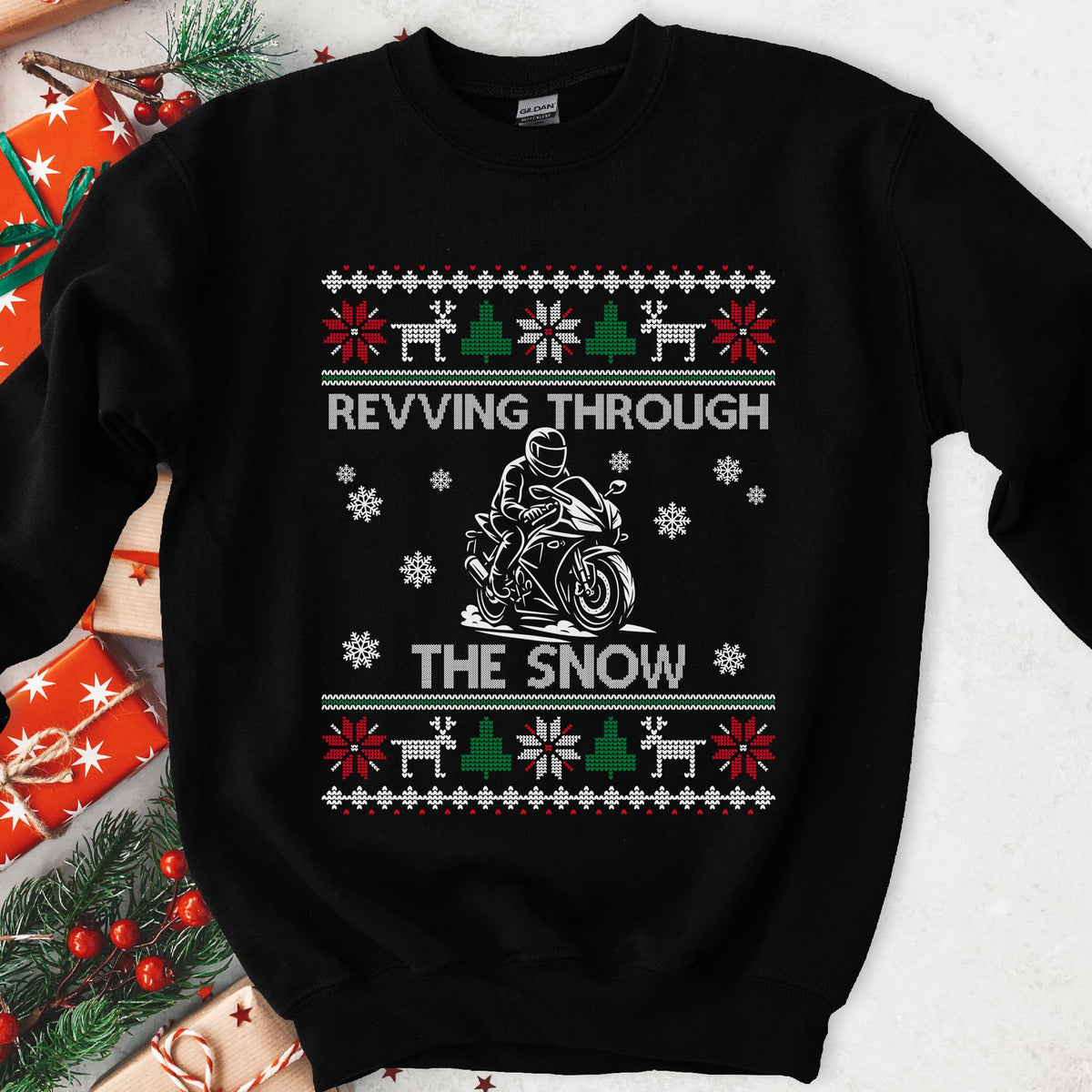 Dark Christmas sweatshirt with a sportbike rider in snow, REVVING THROUGH THE SNOW, knit ugly sweater borders