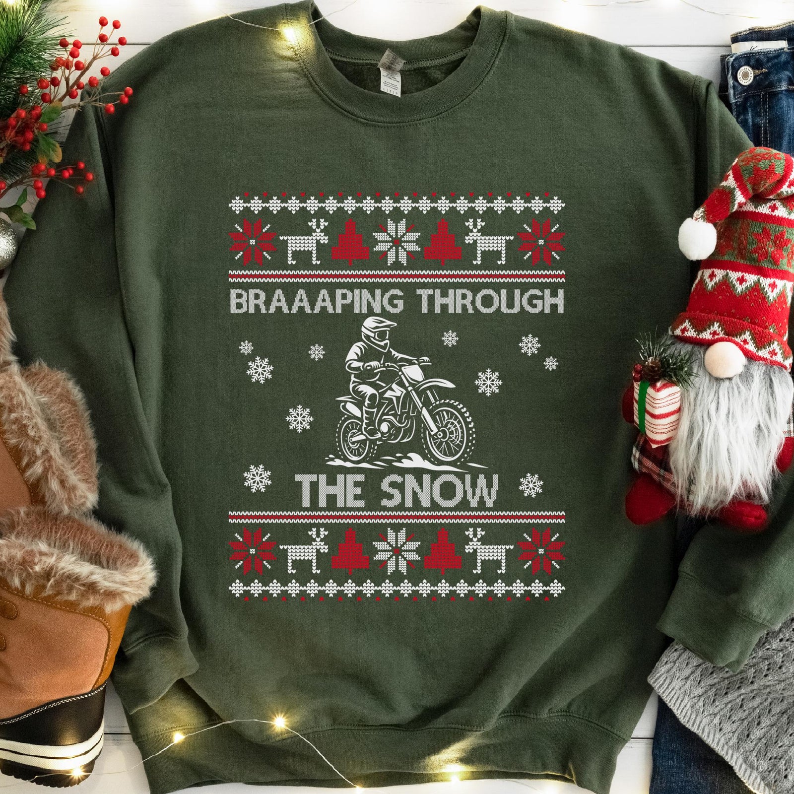 Braaaping Through the Snow Dirt Bike Christmas Sweatshirt - Military Green