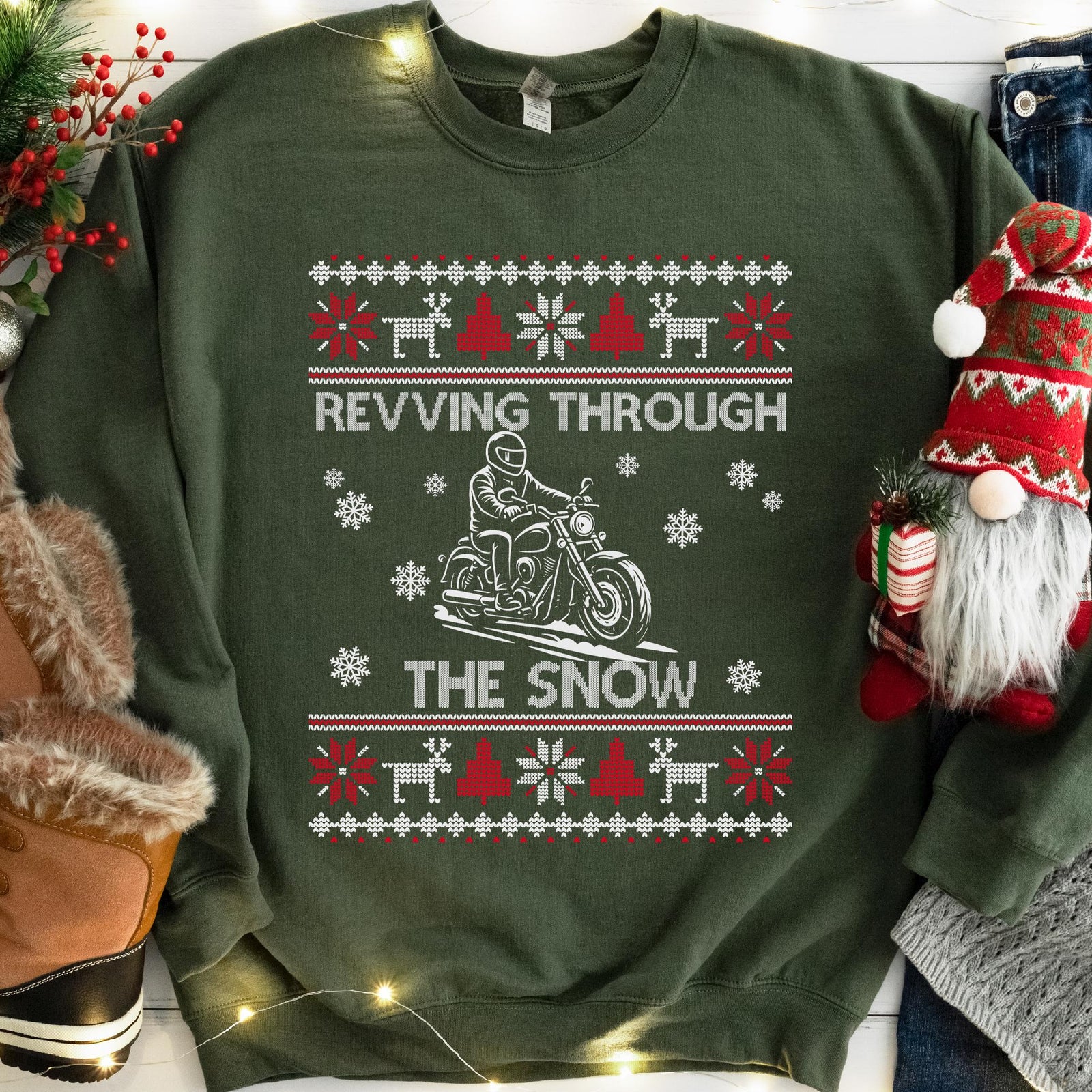 Revving Through the Snow Cruiser Christmas Sweatshirt - Military Green