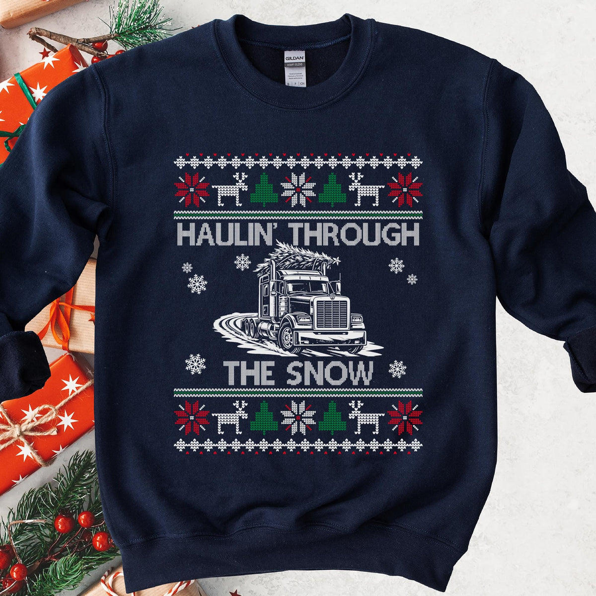 Haulin' Through the Snow Big Rig Christmas Sweatshirt - Navy