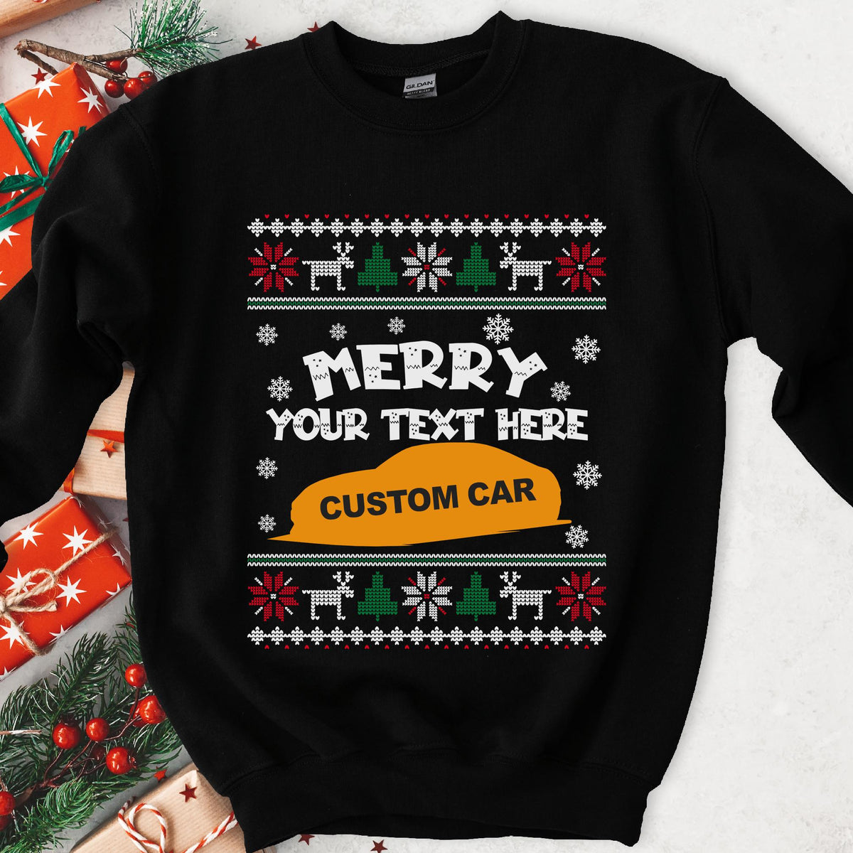 Dark Christmas sweatshirt with knit sweater borders, MERRY plus the buyer's own text and car, made to order
