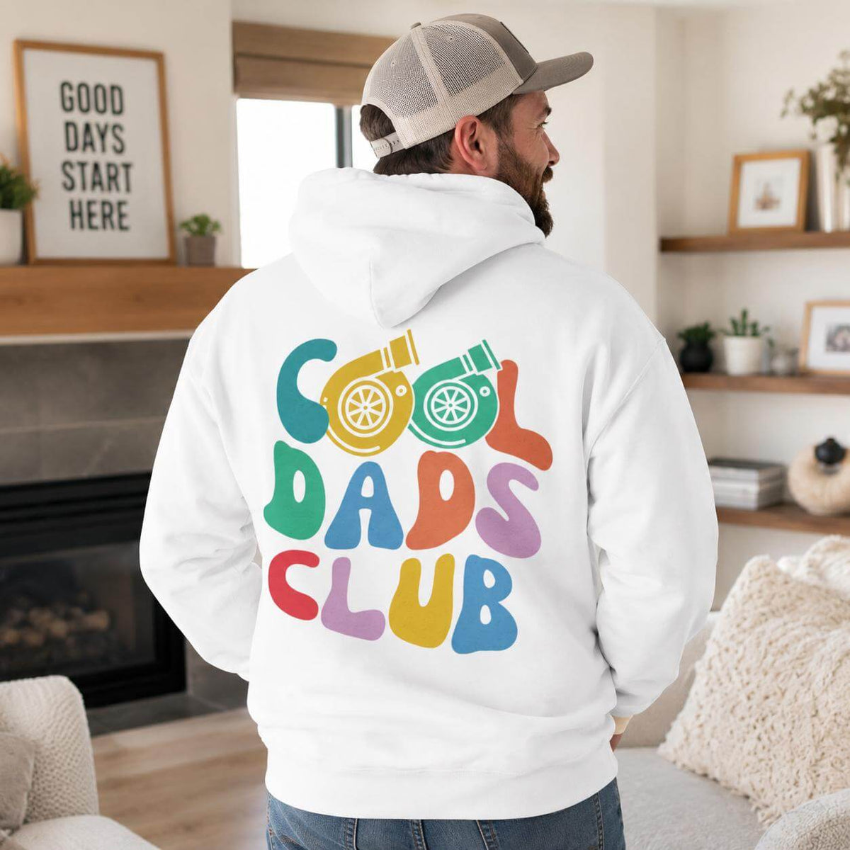Cool Dads Club hoodie - back print, lifestyle photo