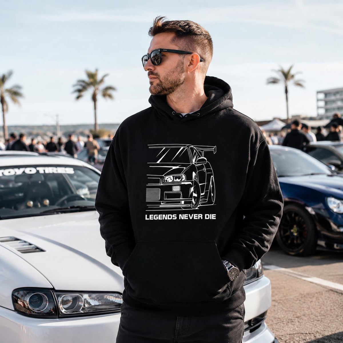 R34 JDM Legend hoodie - lifestyle photo