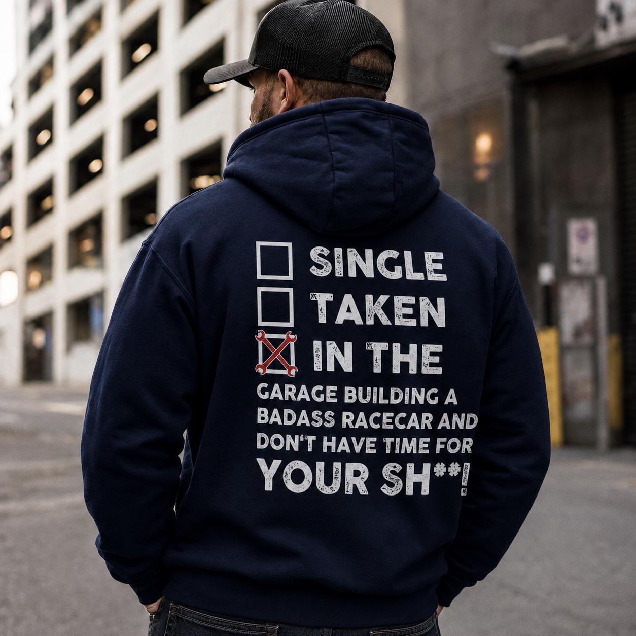 In the Garage Building a Racecar hoodie - back print, lifestyle photo