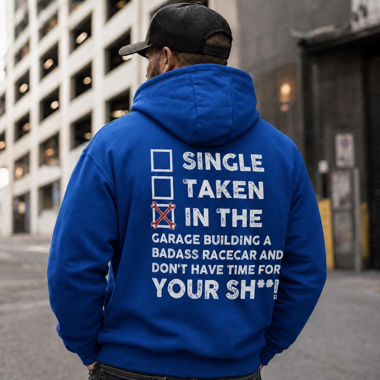 In the Garage Building a Racecar hoodie - back print, lifestyle photo