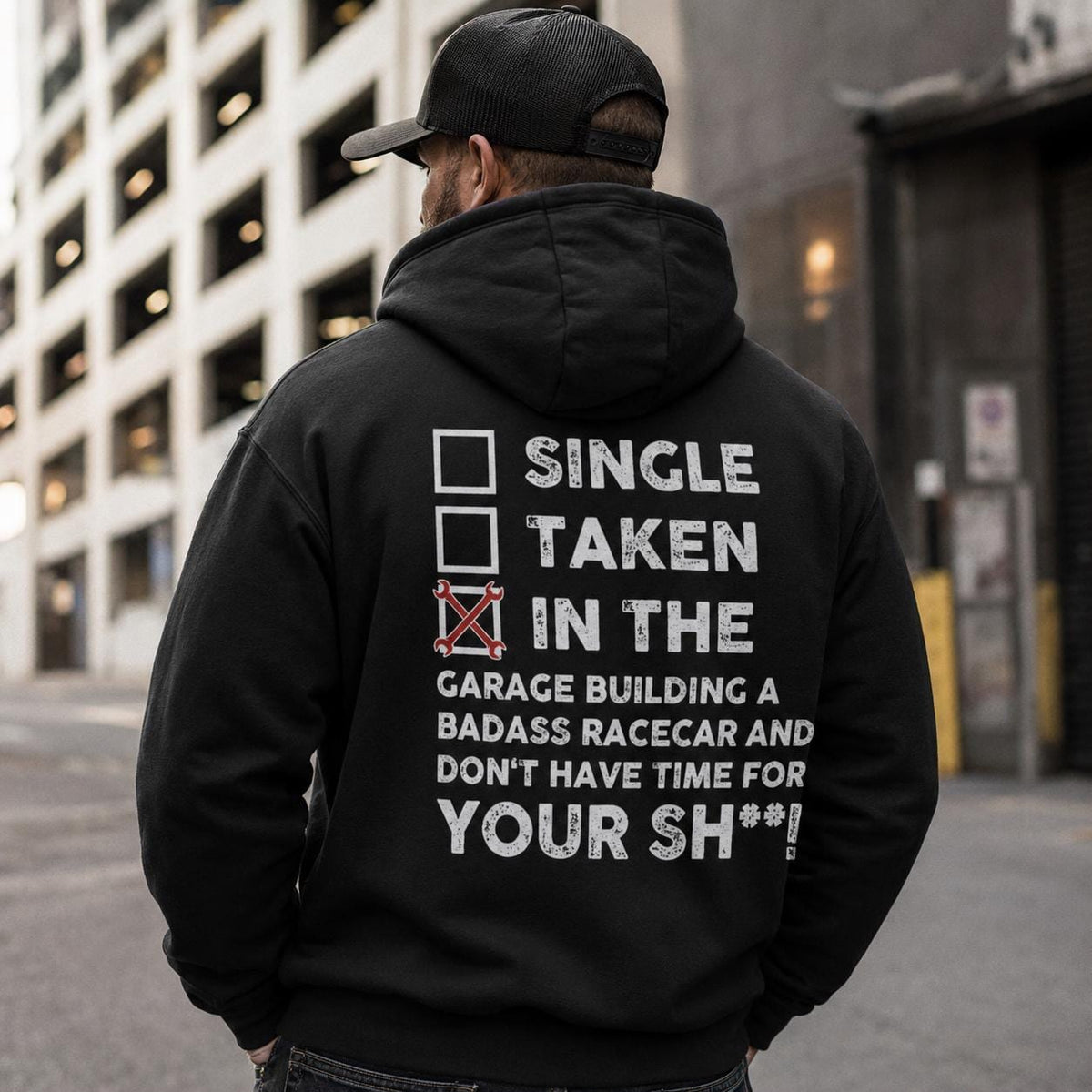 In the Garage Building a Racecar hoodie - back print, lifestyle photo