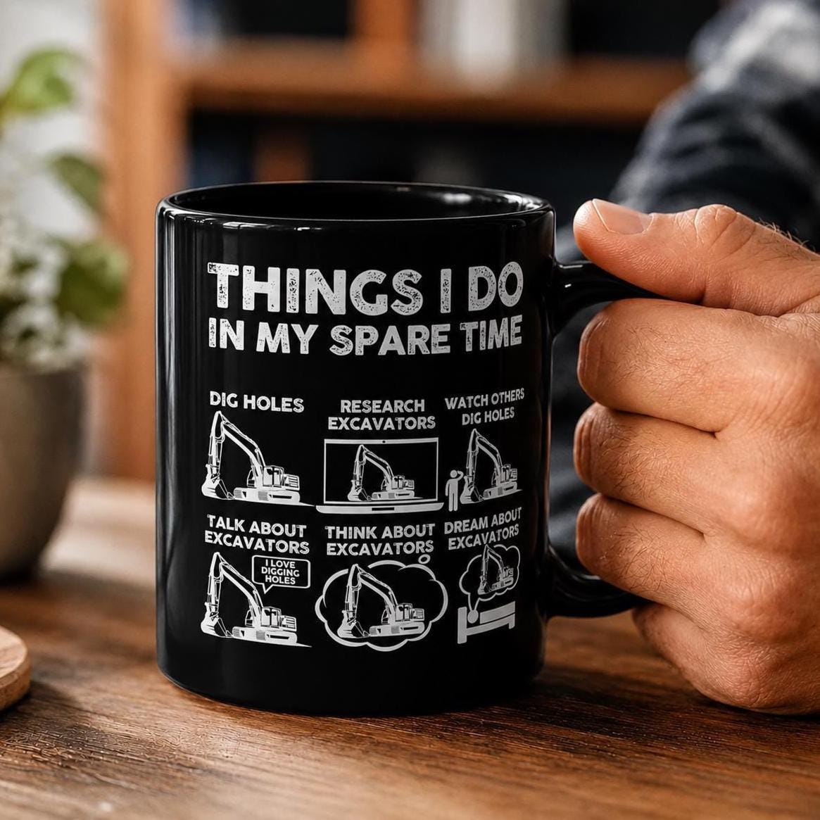 Things I Do in My Spare Time Excavator Mug - 15oz black coffee mug, angled view
