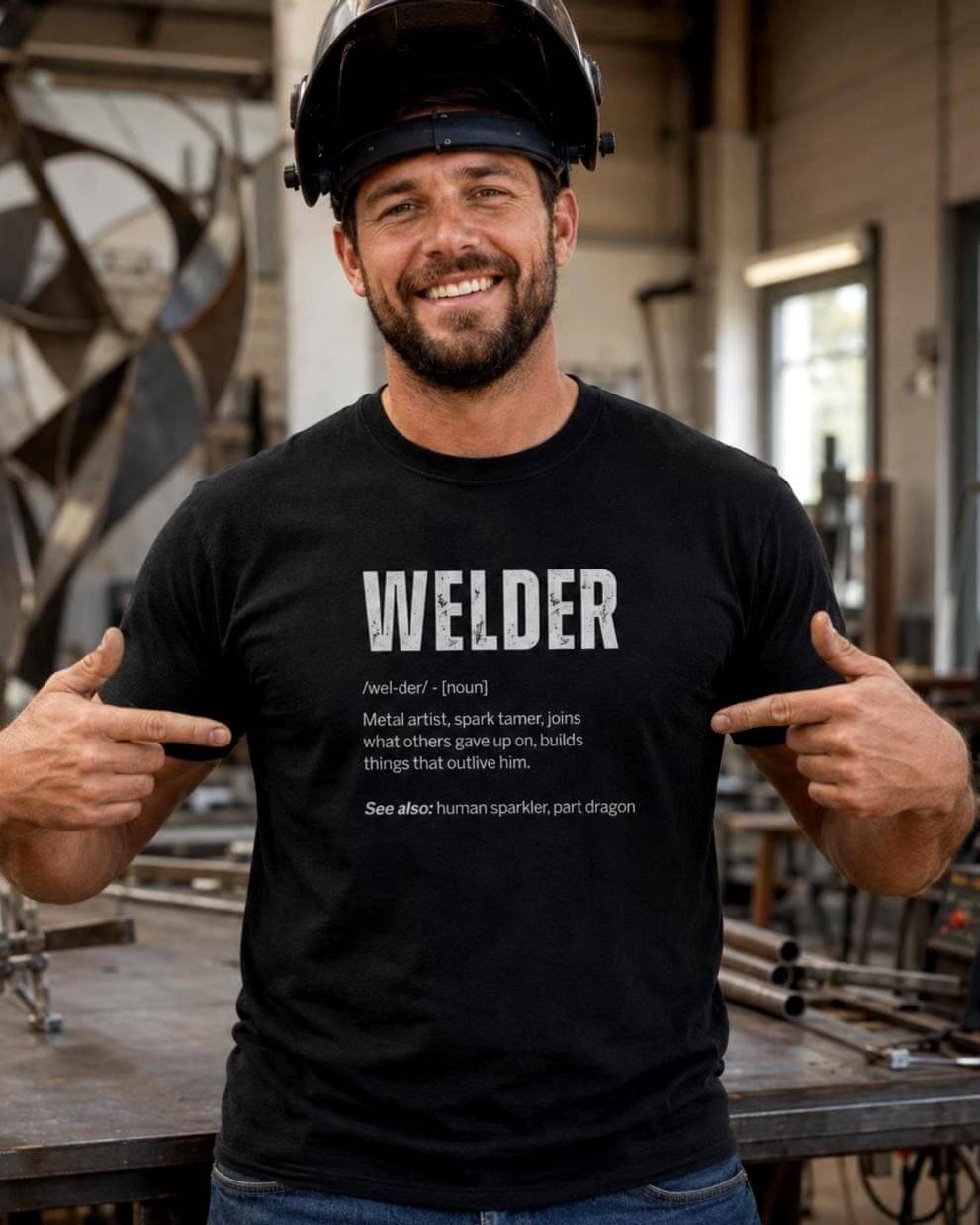 Fit male welder wearing a black Welder definition T-shirt and raised welding helmet in a bright metalworking workshop with a blurred background.