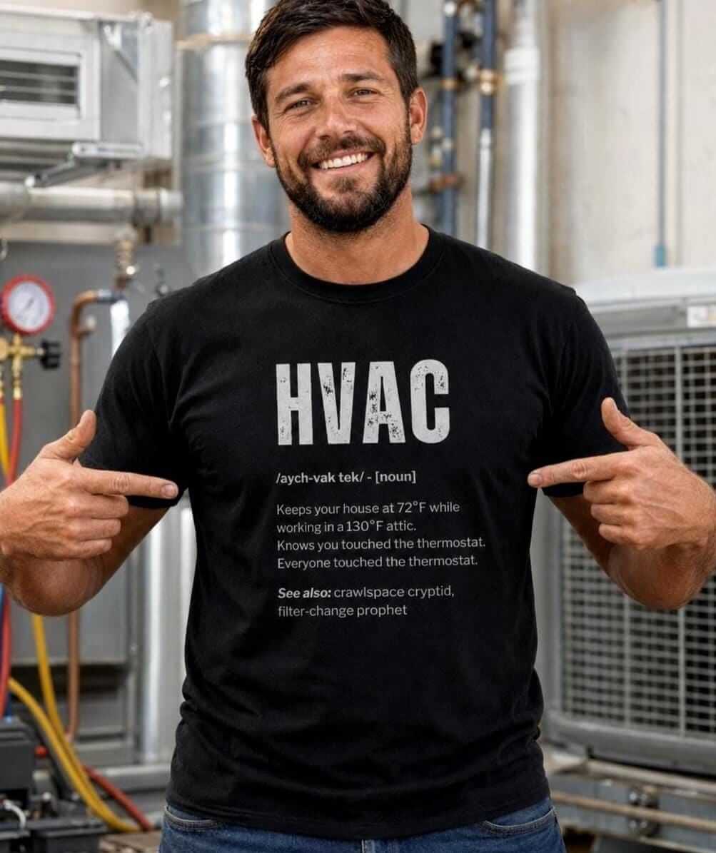 Man wearing a black HVAC specialist definition t-shirt.