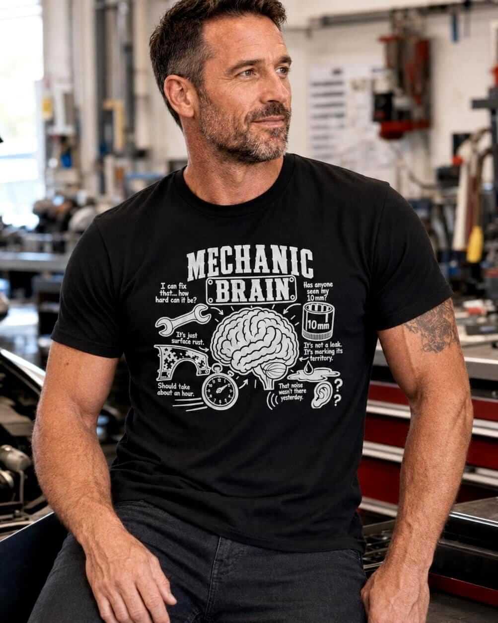 Male mechanic wearing a black Mechanic Brain graphic T-shirt in a bright automotive garage with a softly blurred background.