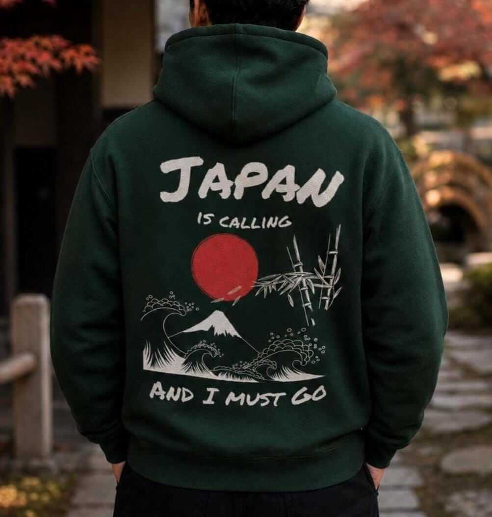 Japan Is Calling and I Must Go hoodie - back print, lifestyle photo