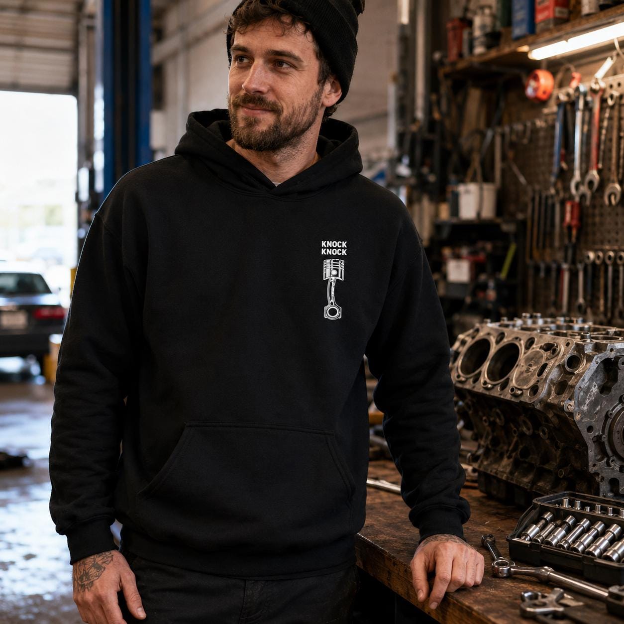 Knock Knock Piston hoodie - lifestyle photo