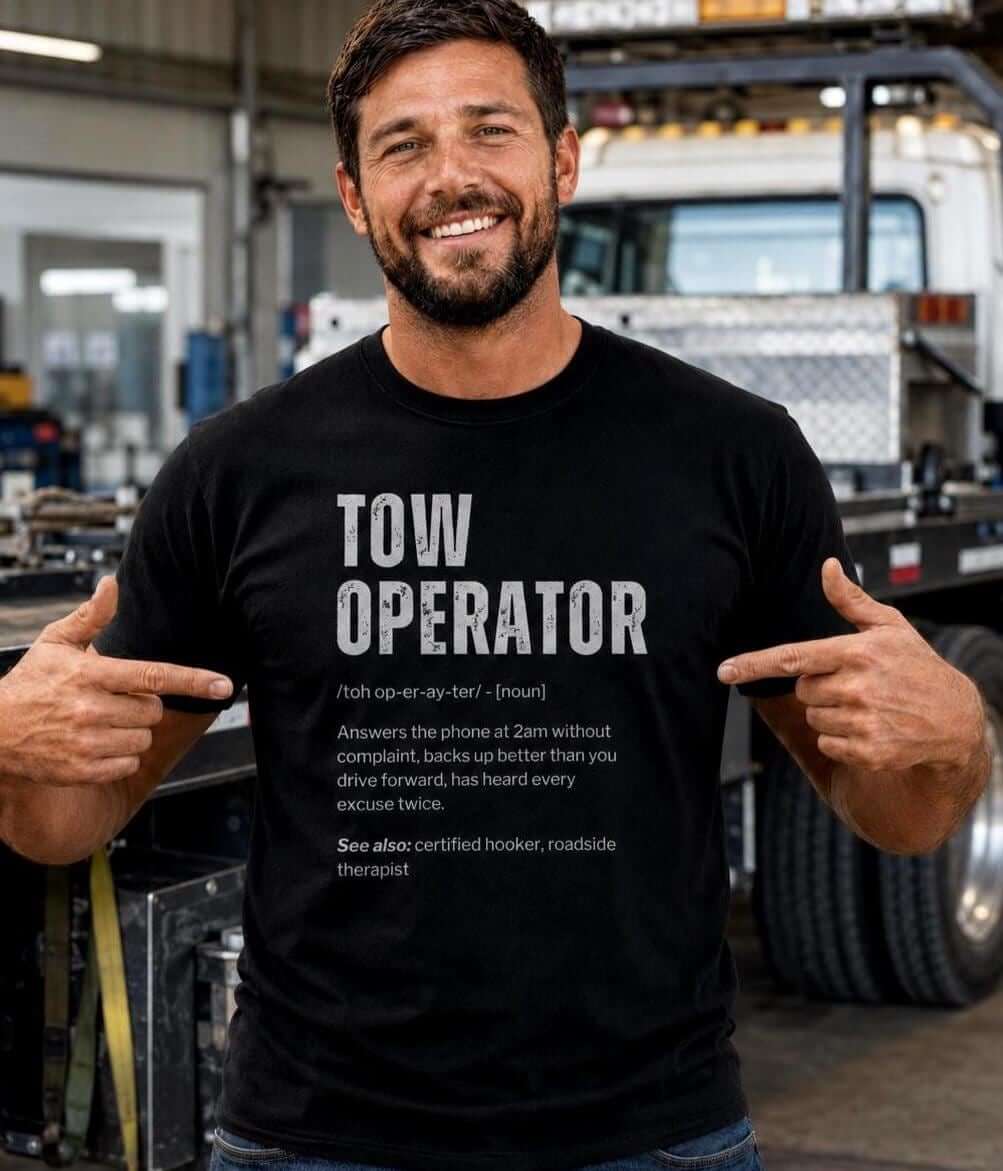 Man wearing a black tow operator definition t-shirt.