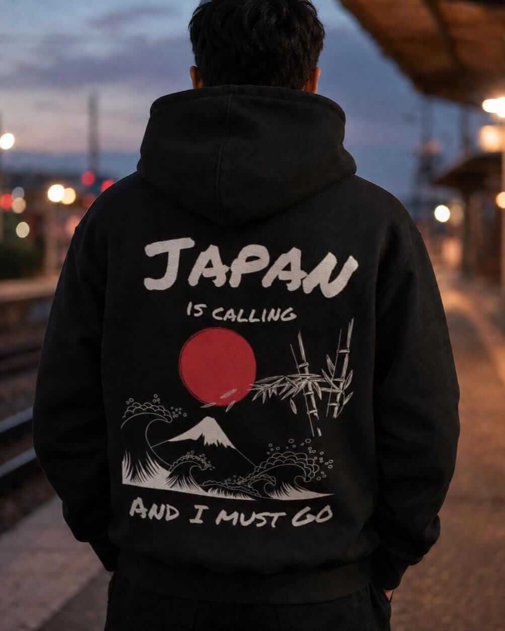 Japan Is Calling and I Must Go hoodie - back print, lifestyle photo