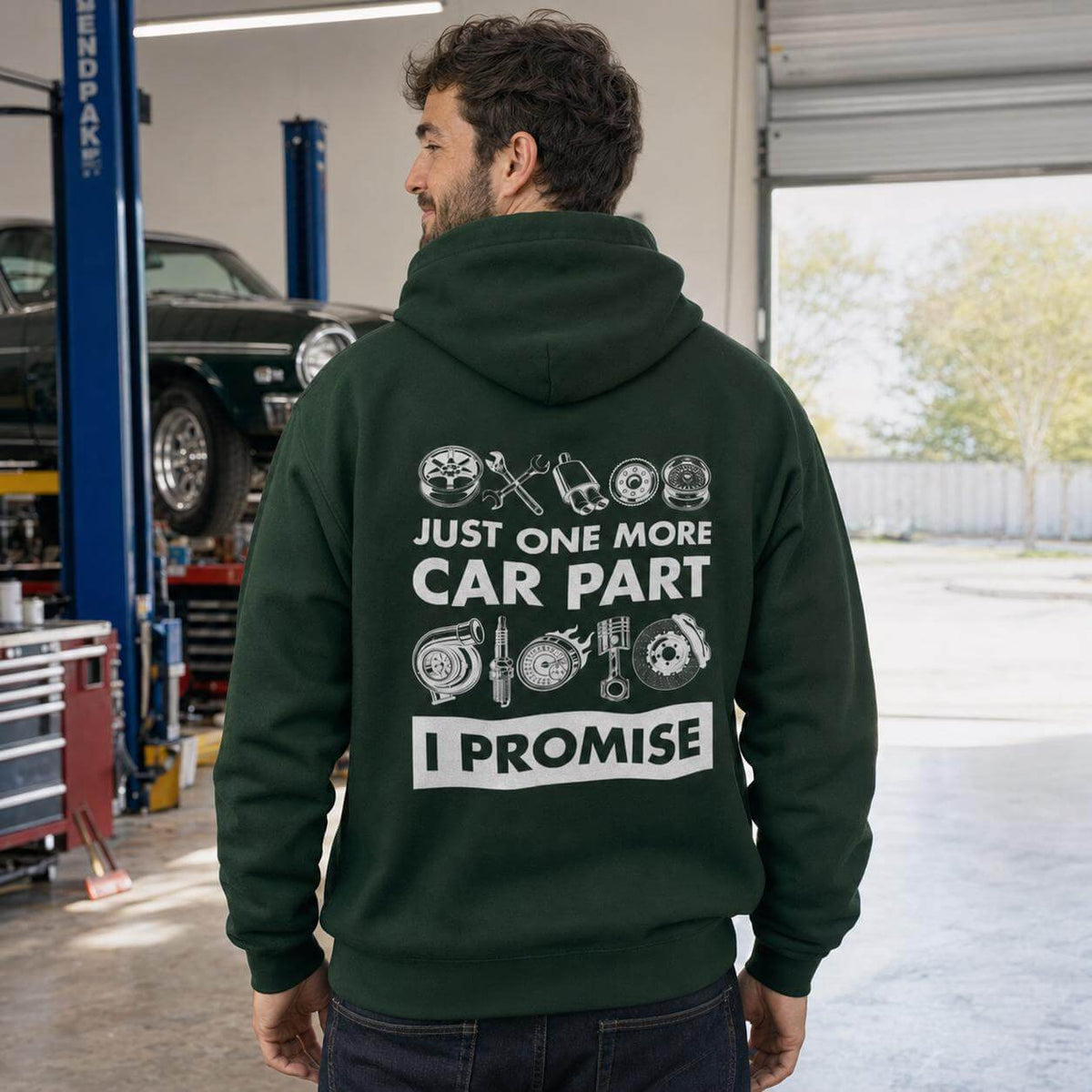 Just One More Car Part I Promise hoodie - back print, lifestyle photo