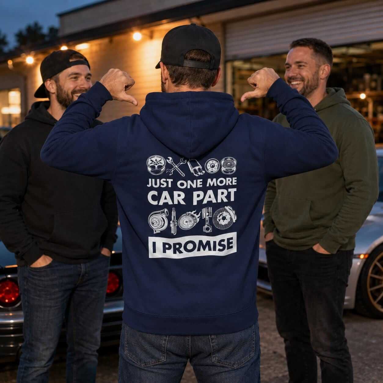 Just One More Car Part I Promise hoodie - back print, lifestyle photo