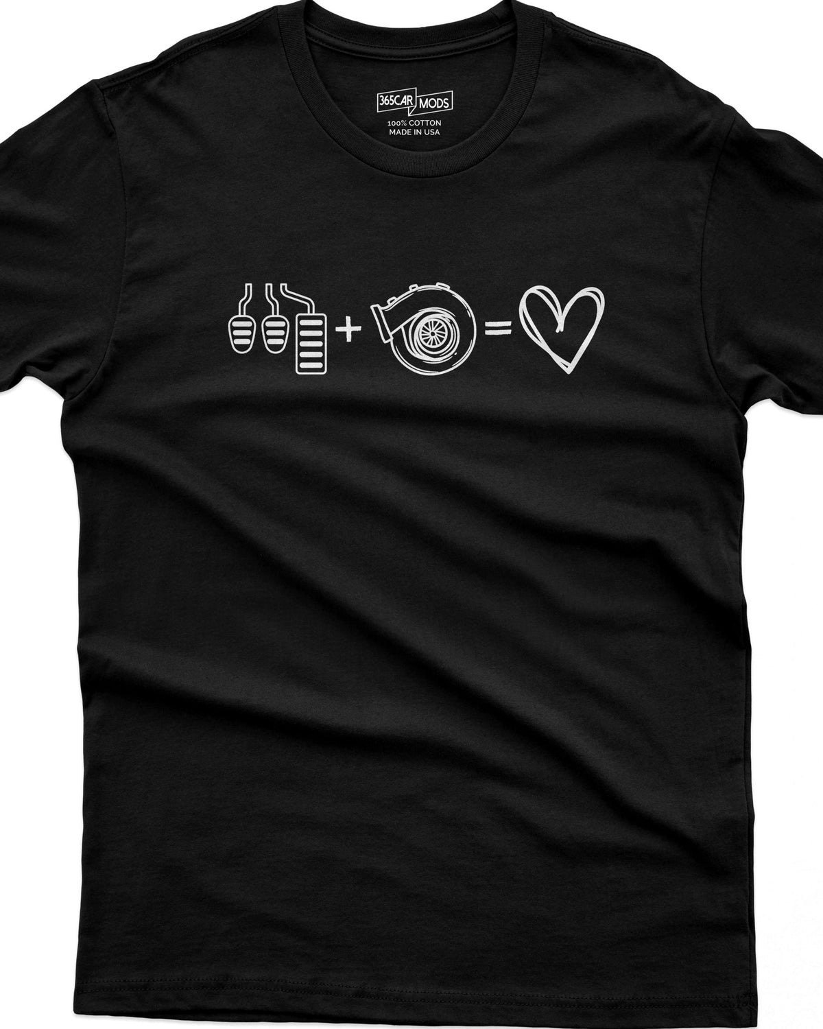 3 Pedals + Turbo = Love t-shirt in black, manual turbo car guy tee