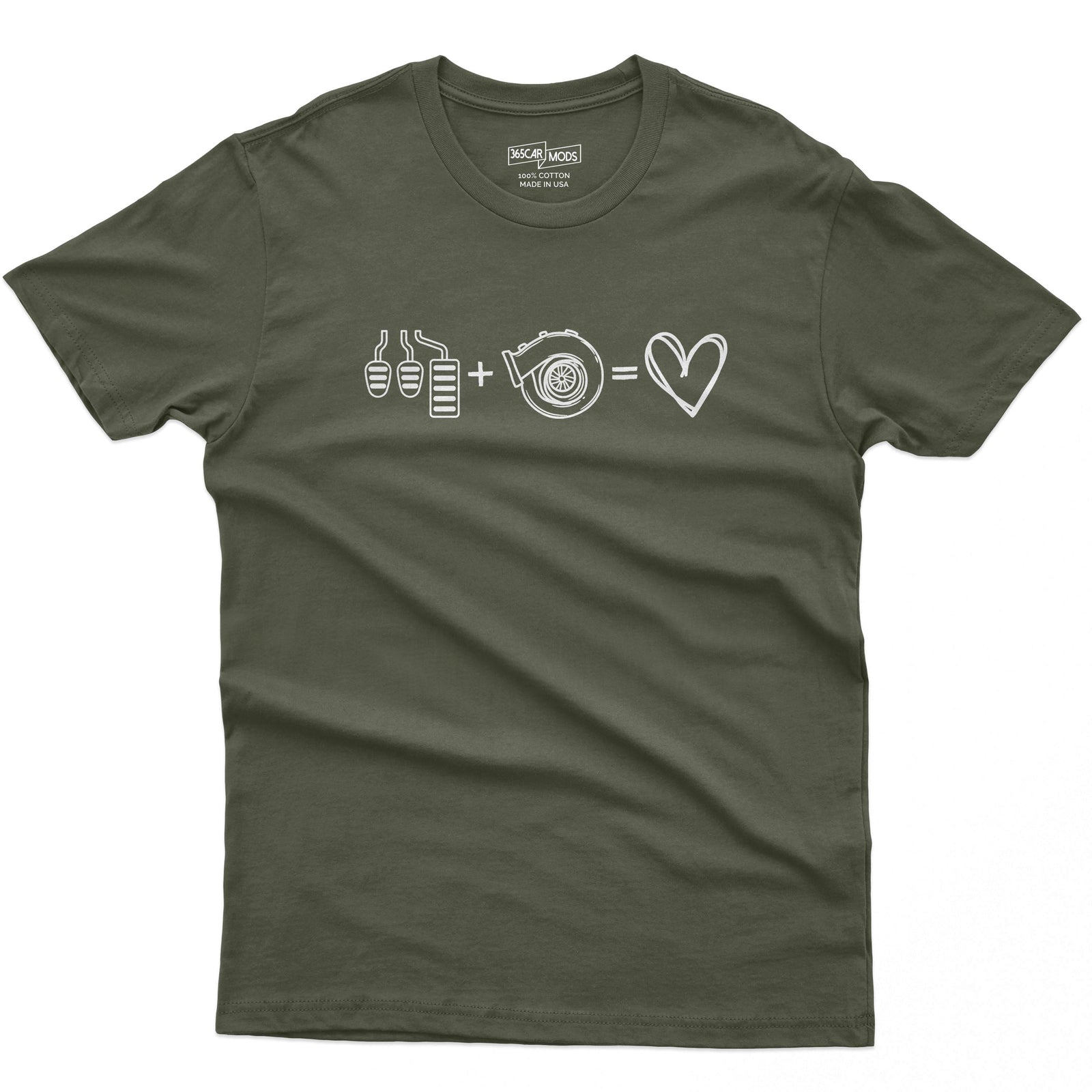 3 Pedals + Turbo = Love t-shirt in military green