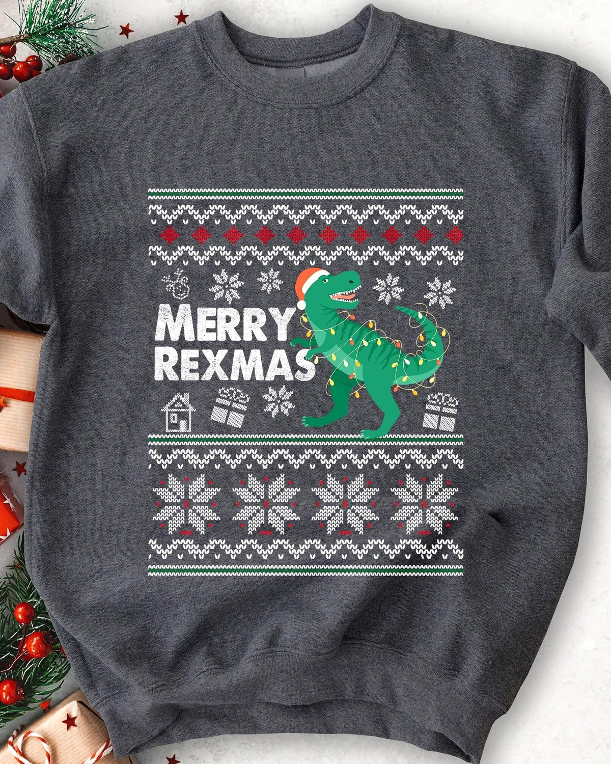 Merry Rexmas T-Rex Dinosaur Christmas Sweatshirt - Charcoal