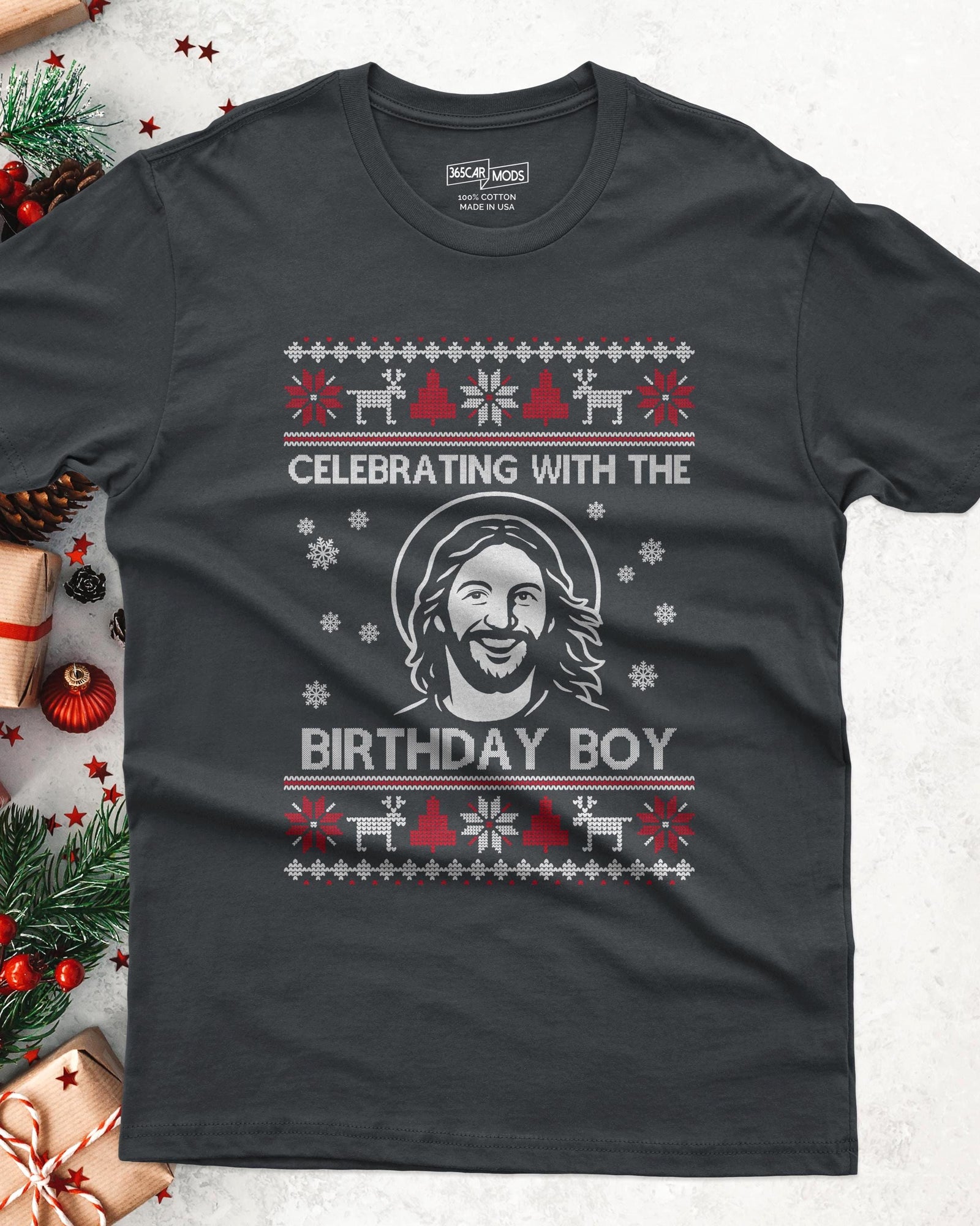 A dark gray short-sleeve t-shirt featuring a white graphic print of a person with long hair and a halo.