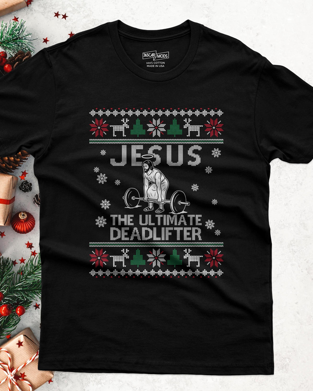 A black short-sleeved t-shirt featuring a graphic print with the text 'JESUS THE ULTIMATE DEADLIFTER'.