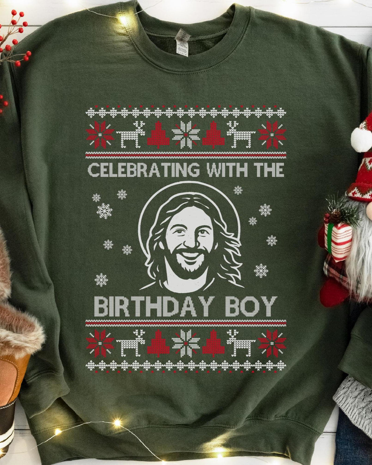 Celebrating With The Birthday Boy Christmas Sweatshirt - Military Green