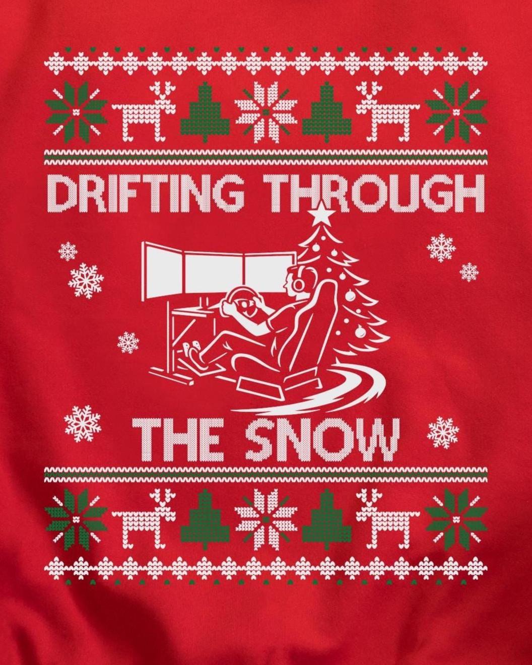 Drifting Through the Snow Sim Racing Christmas Sweatshirt design close-up