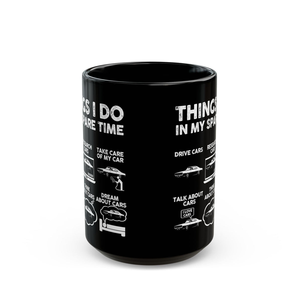 Things I Do in My Spare Time Late 60s Muscle Coupe Mug - 15oz black coffee mug, front view with print on both sides