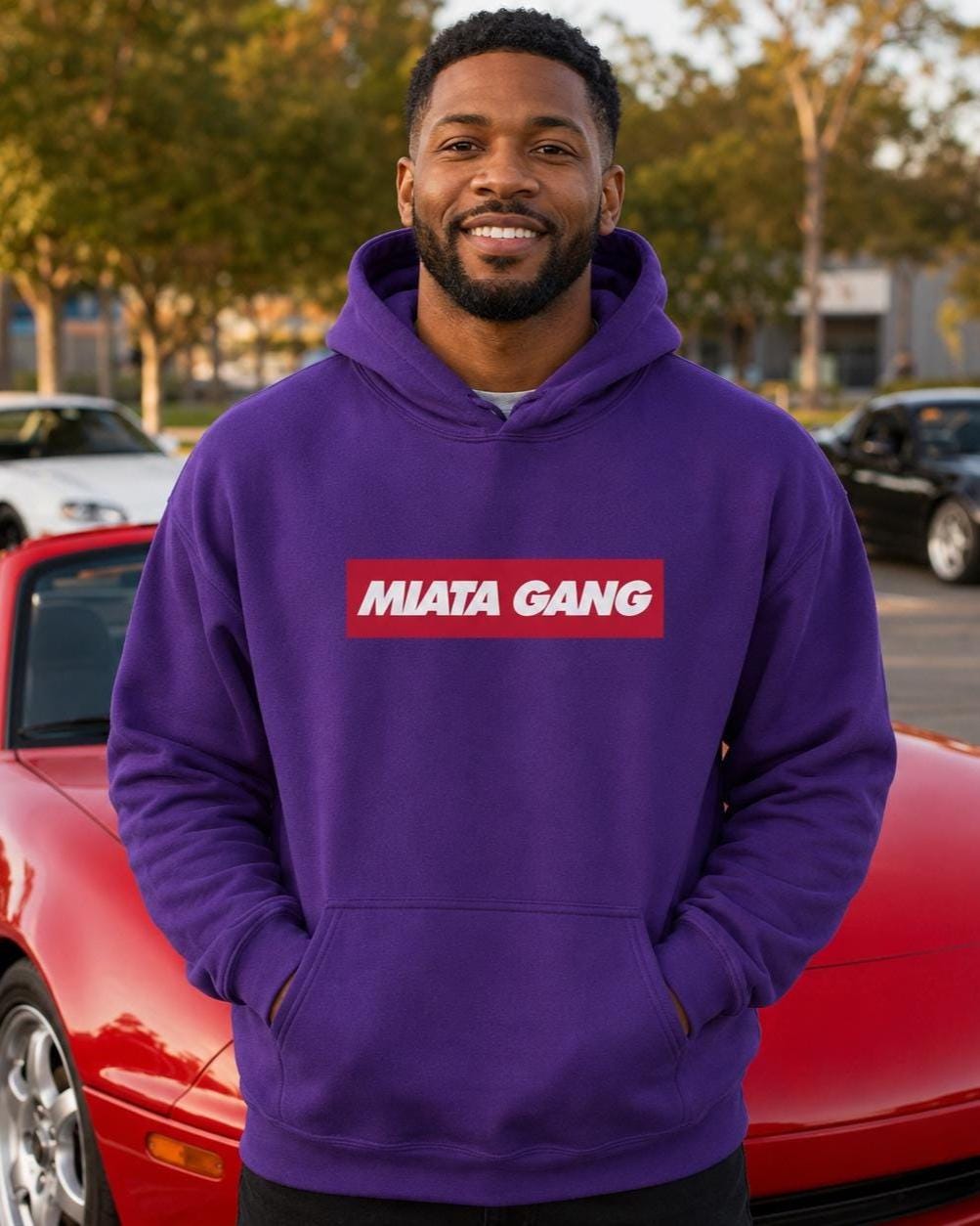 JDM Gang Roadster Car Hoodie - man wearing the purple hoodie