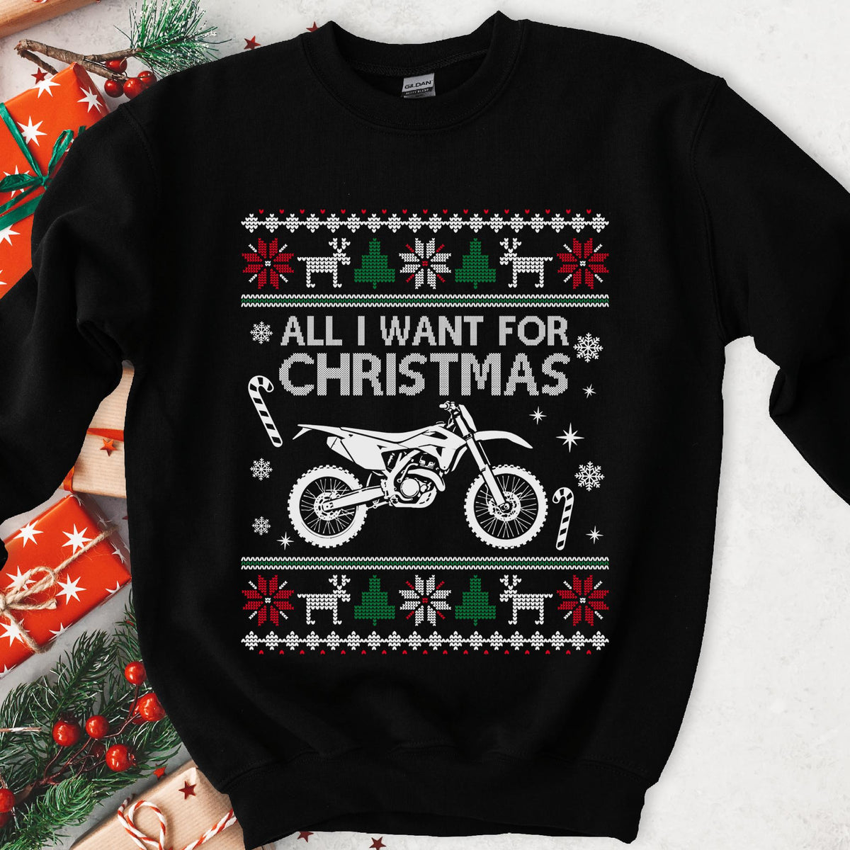 Christmas sweatshirt with ALL I WANT FOR CHRISTMAS and a custom-drawn motorcycle, knit sweater borders