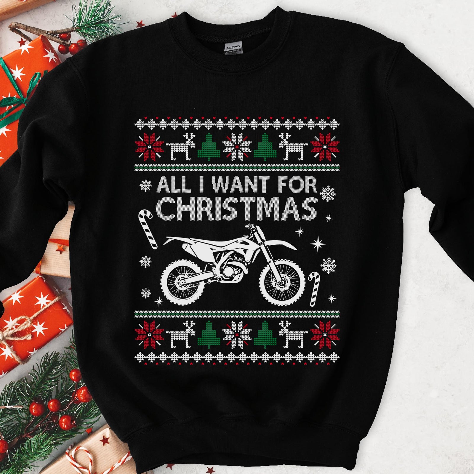 Christmas sweatshirt with ALL I WANT FOR CHRISTMAS and a custom-drawn motorcycle, knit sweater borders