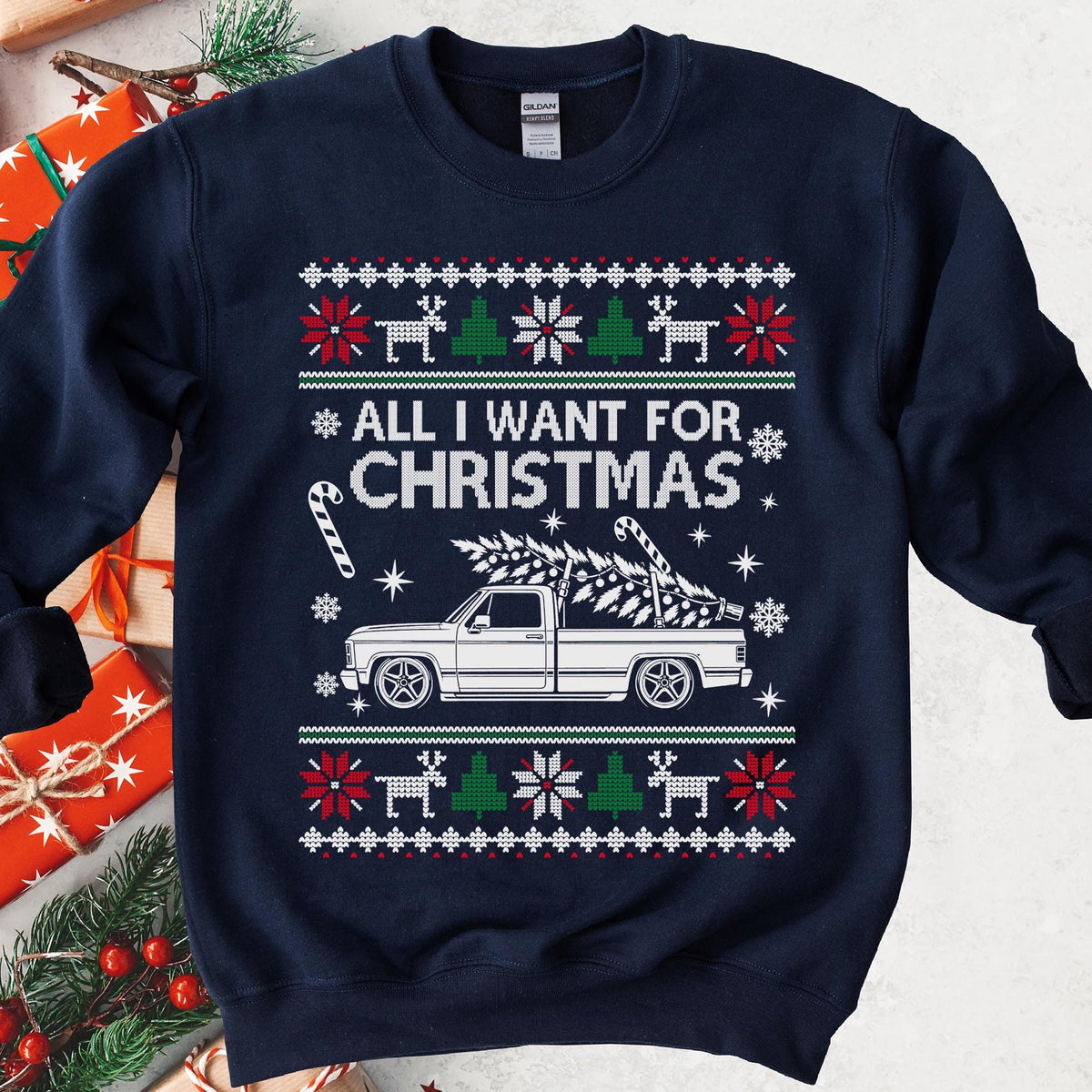 All I Want For Christmas Custom Pickup Truck Sweatshirt - Navy